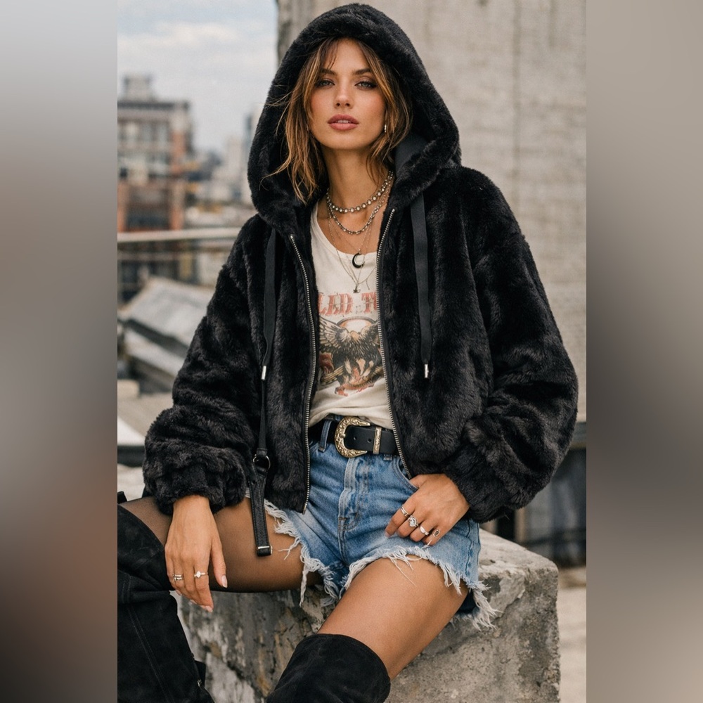 Free People Black Faux Fur Jacket